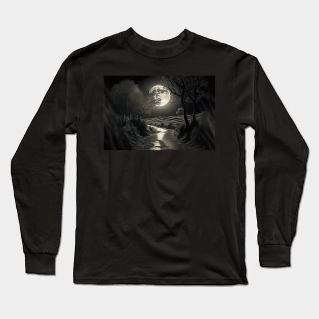 Full moon reflects over a wide tranquil serene river. Long Sleeve T-Shirt by UmagineArts